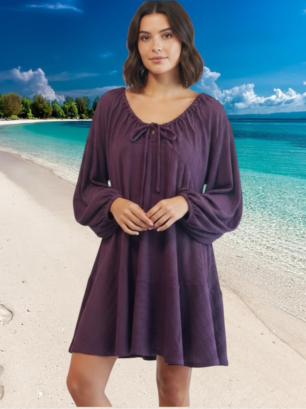 NWT Free People Beach Textured Boho Babydoll  Mini Dress Plum Purple Size Small